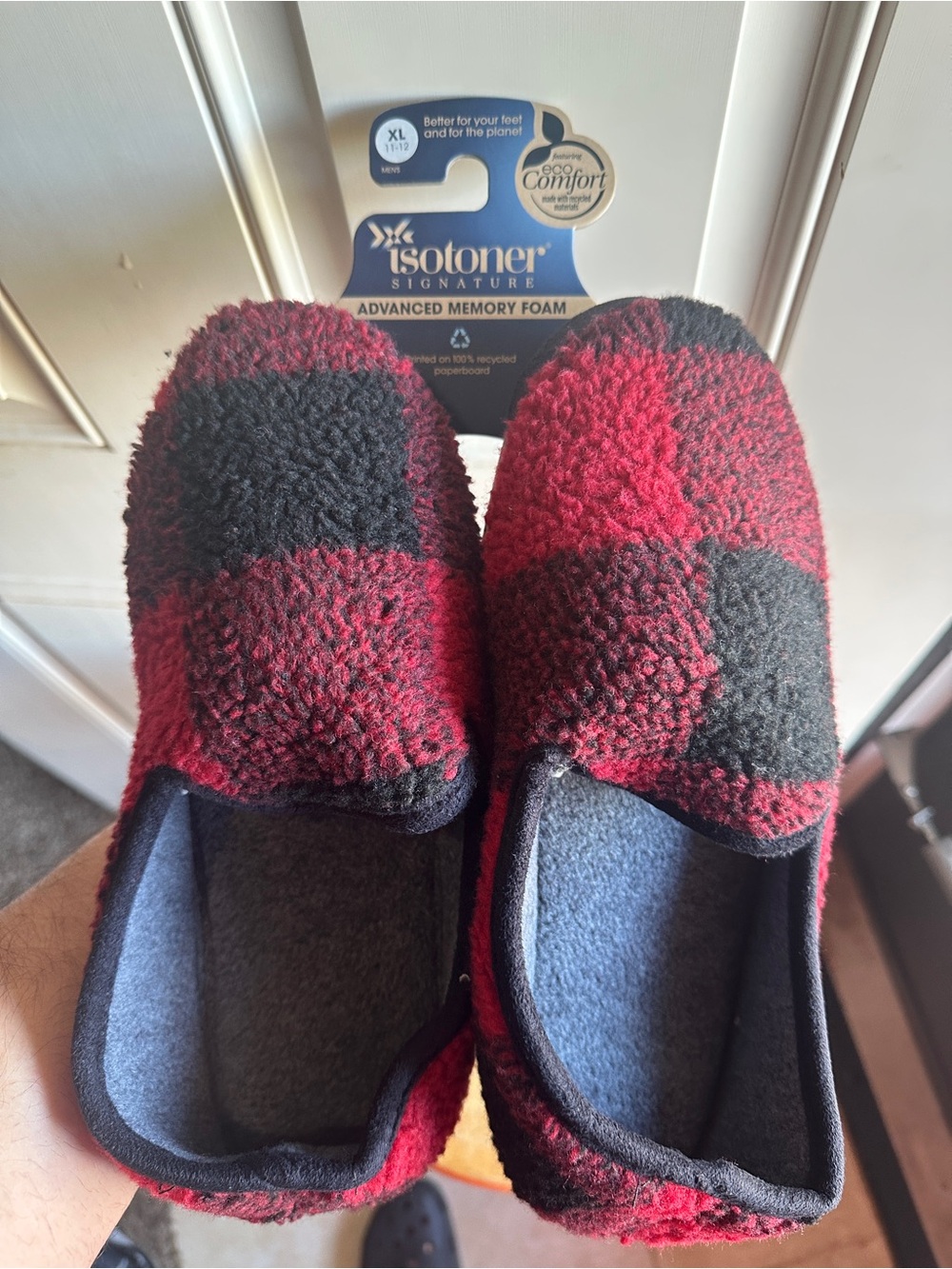 isotoner Men’s Red and Black Plush Slip-On Loafers